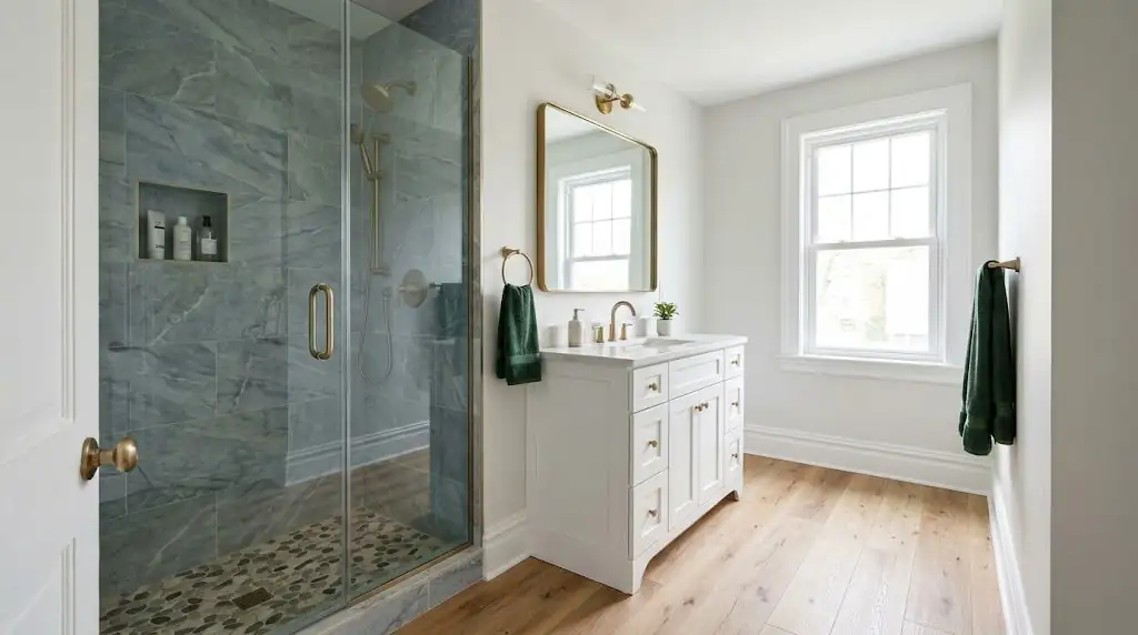 Bathroom remodeling idea for Pottstown homes: illustration of a walk-in shower with blue-gray stone-look tile, a pebble floor and a glass door