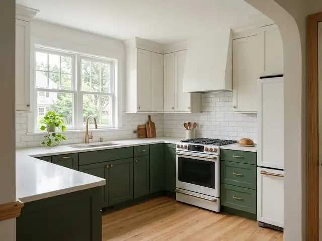 Illustration of a remodeled kitchen with forest green lower cabinets, white uppers and light stone counters